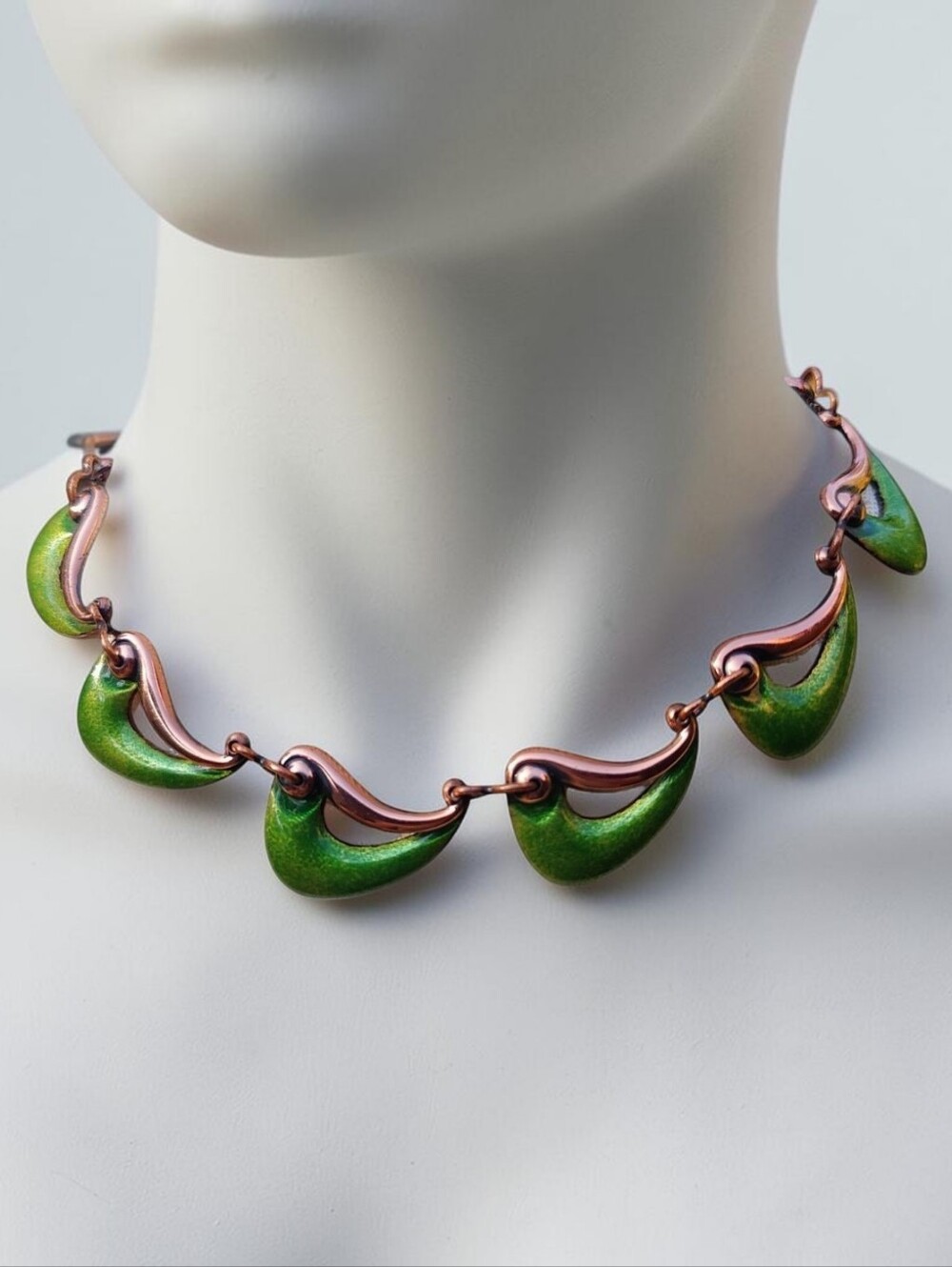 Vintage Signed Matisse Renoir Green Enameled Copper Necklace